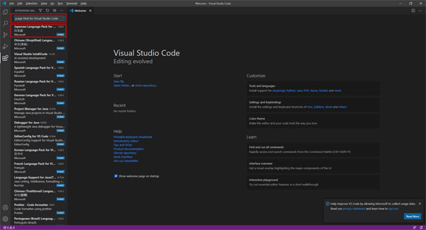 「Japanese Language Pack for Visual Studio Code」を検索窓に入れ、検索窓の下に表示されたら、それをクリックします。