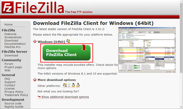 「Download FileZilla Client」ボタンを押します。