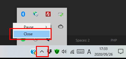 終了する場合は、Windowsの右下にあるアイコンを右クリックしてCloseを選択します。