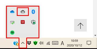 タスクバーの「上向き矢印 」マークを押すと表示される画面で雲のマークを押します。